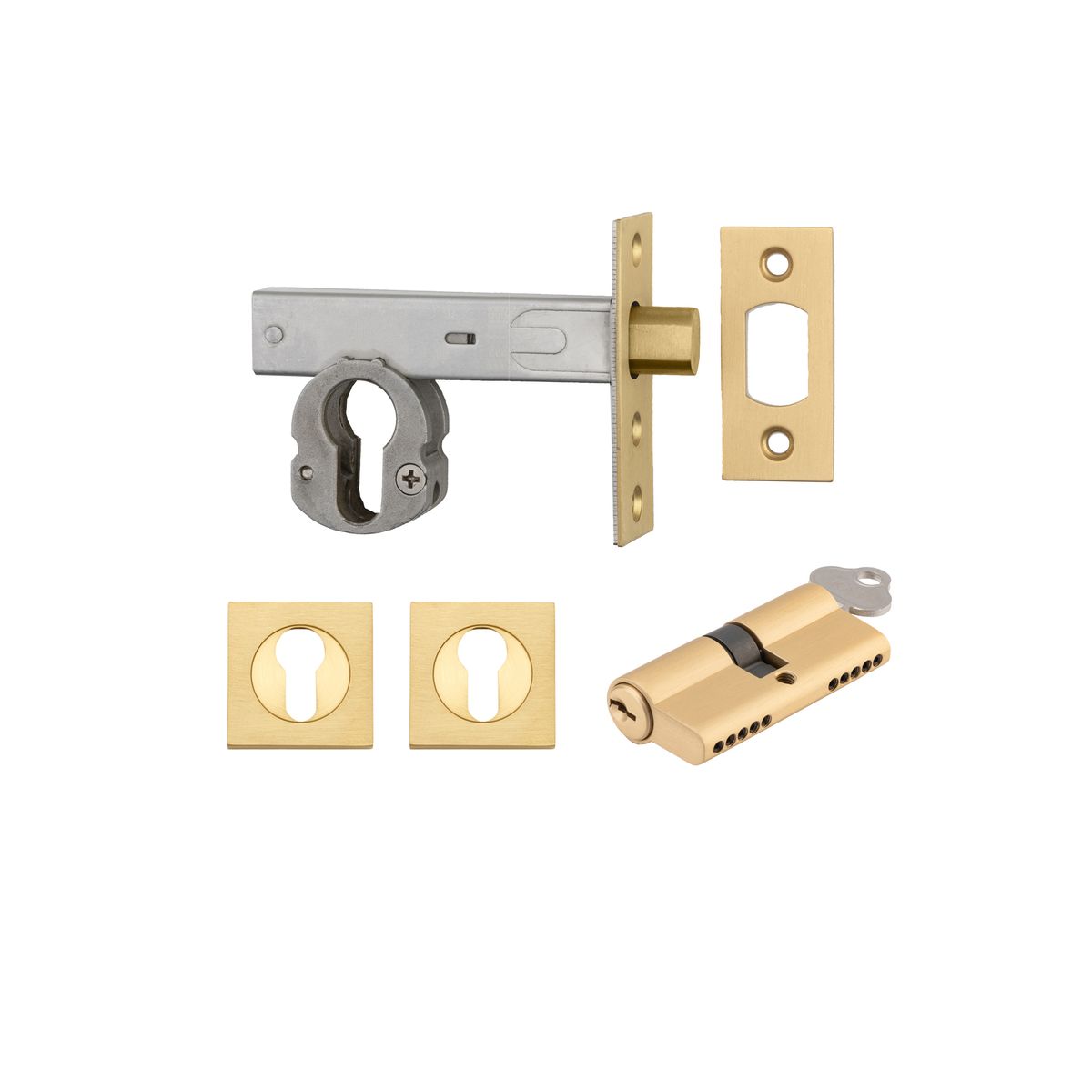 22555K70KKES - Euro Mortice Deadbolt Kit - 70mm Backset with Square Euro Escutcheon Key/Key - Brushed Brass - Entrance