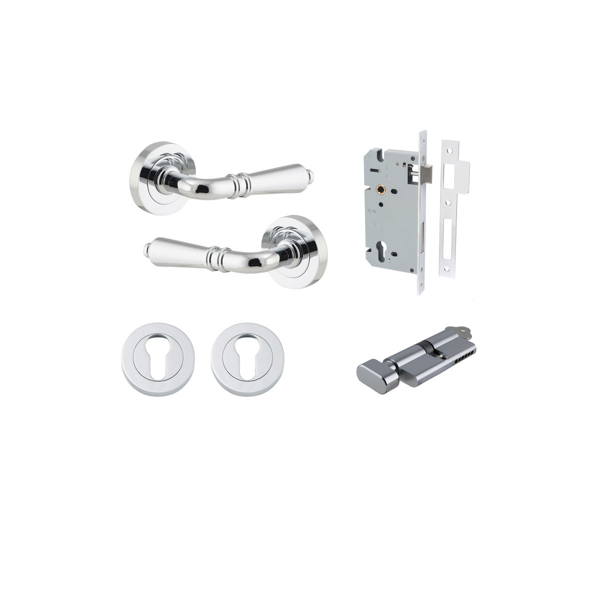 9204KENTR60KT - Sarlat Lever - Round Rose Entrance Kit with Separate High Security Lock - Polished Chrome - Entrance