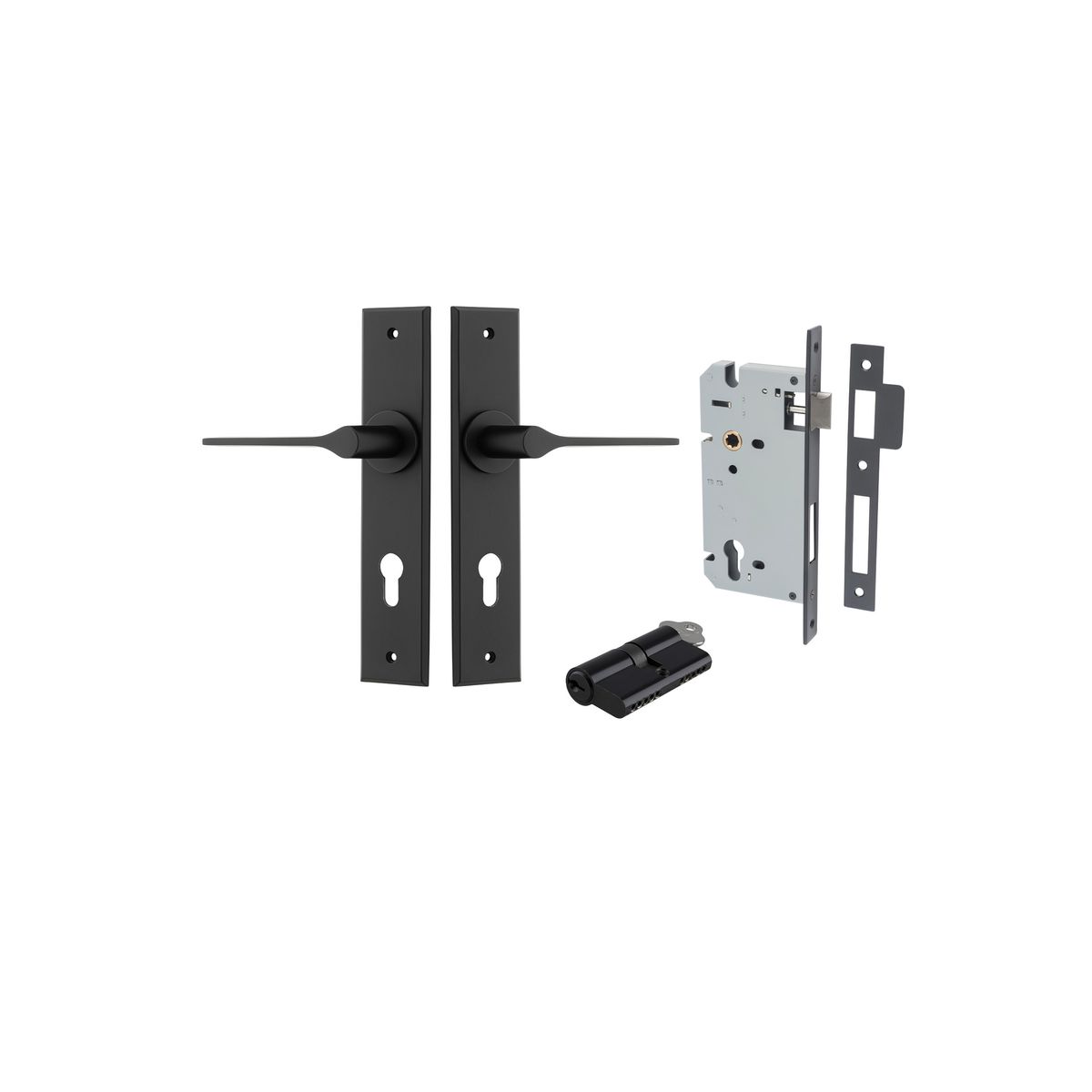 12758KENTR60KK - Como Lever - Chamfered Backplate Entrance Kit with High Security Lock - Matt Black - Entrance