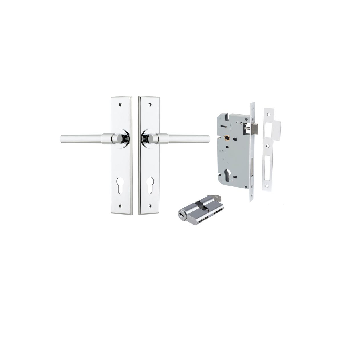 11904KENTR60KK - Helsinki Lever - Chamfered Backplate Entrance Kit with High Security Lock - Polished Chrome - Entrance