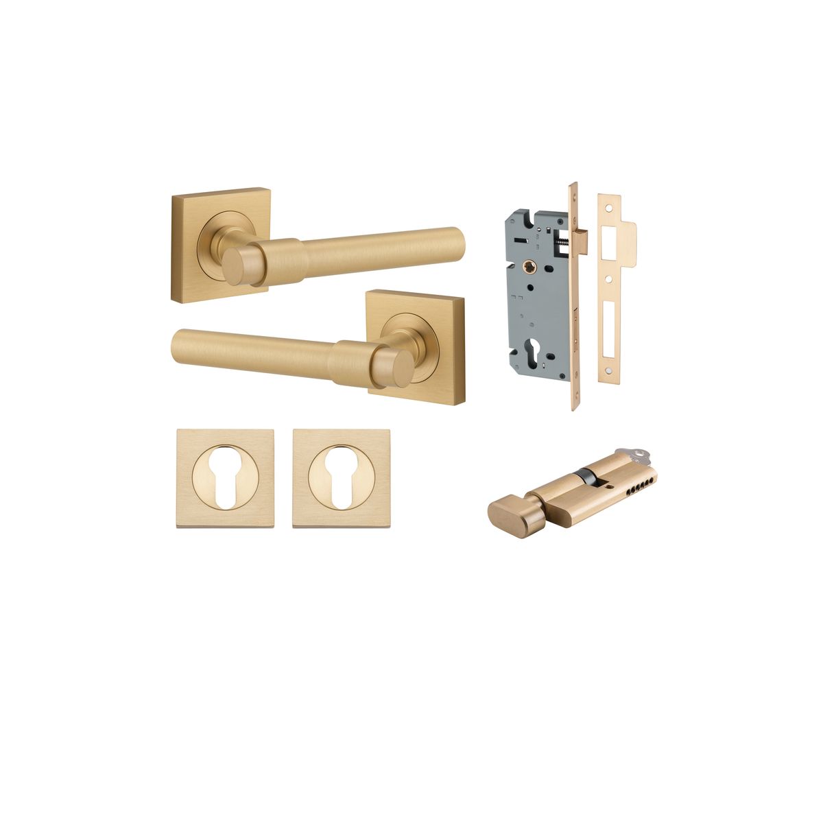 21206KENTR60KT - Helsinki Lever - Square Rose Entrance Kit with Separate High Security Lock - Brushed Brass - Entrance