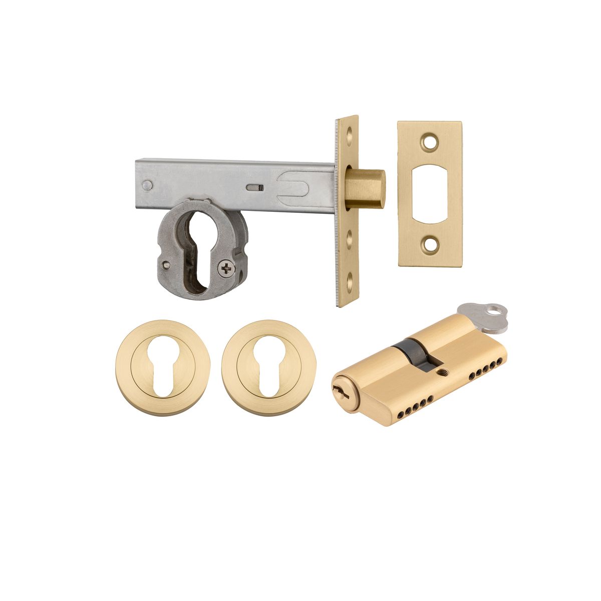 22160K60KKER - Euro Mortice Deadbolt Kit - 60mm Backset with Round Euro Escutcheon Key/Key - Brushed Gold PVD - Entrance