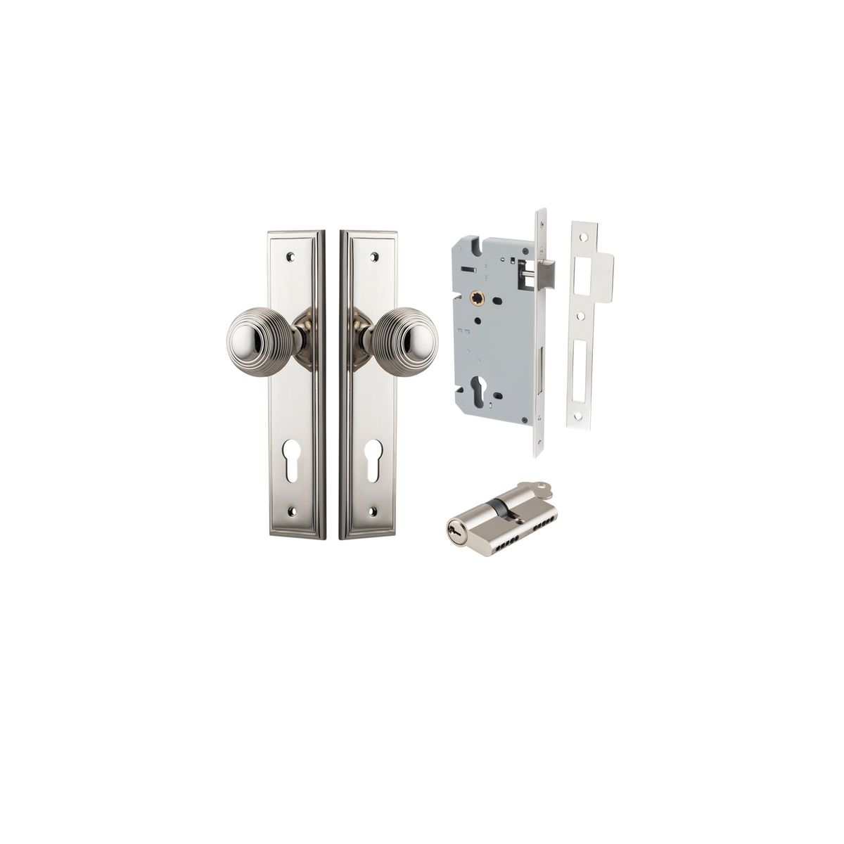 14342KENTR60KK - Guildford Knob - Stepped Backplate Entrance Kit with High Security Lock - Polished Nickel - Entrance