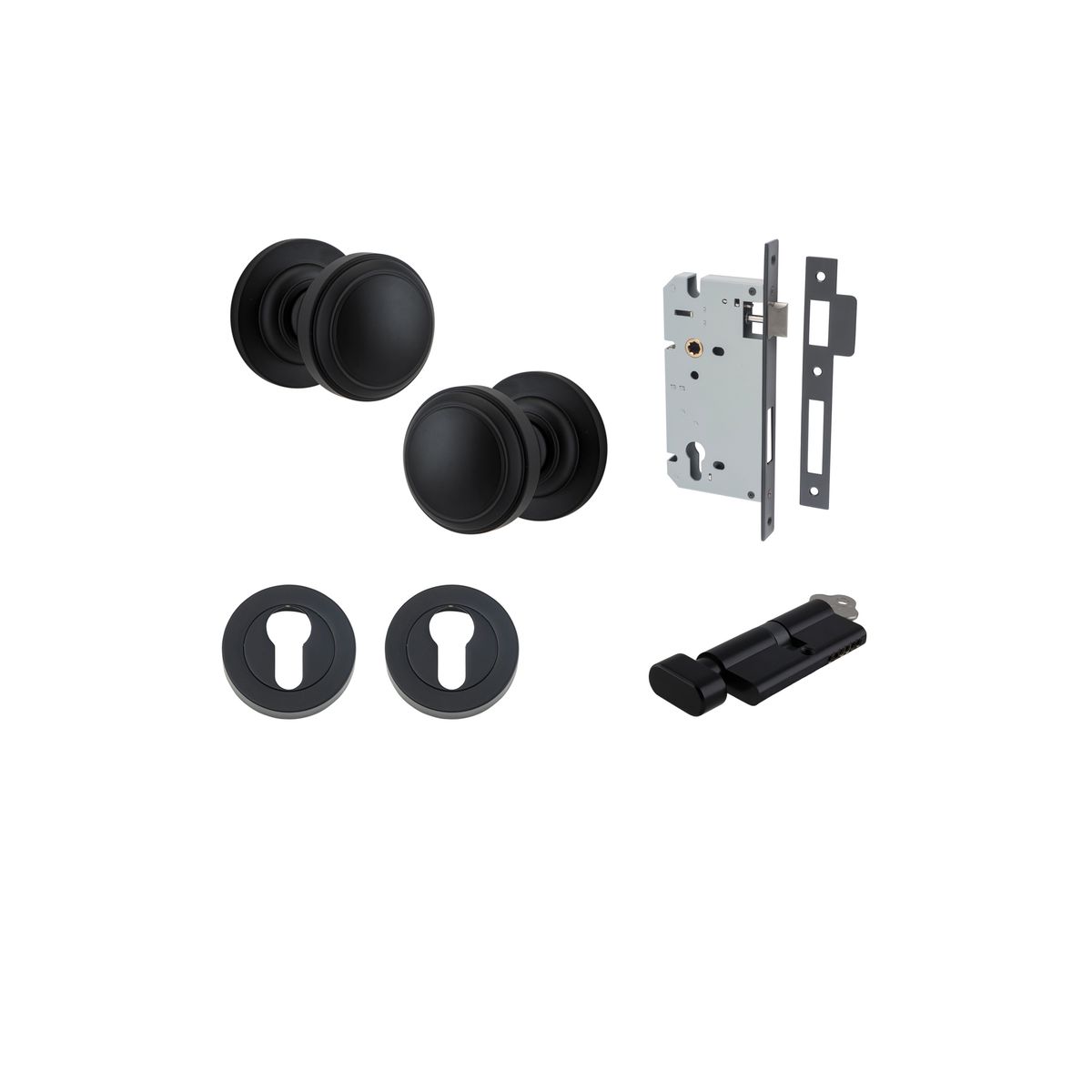0213KENTR60KT - Paddington Knob - Round Rose Entrance Kit with Separate High Security Lock - Matt Black - Entrance