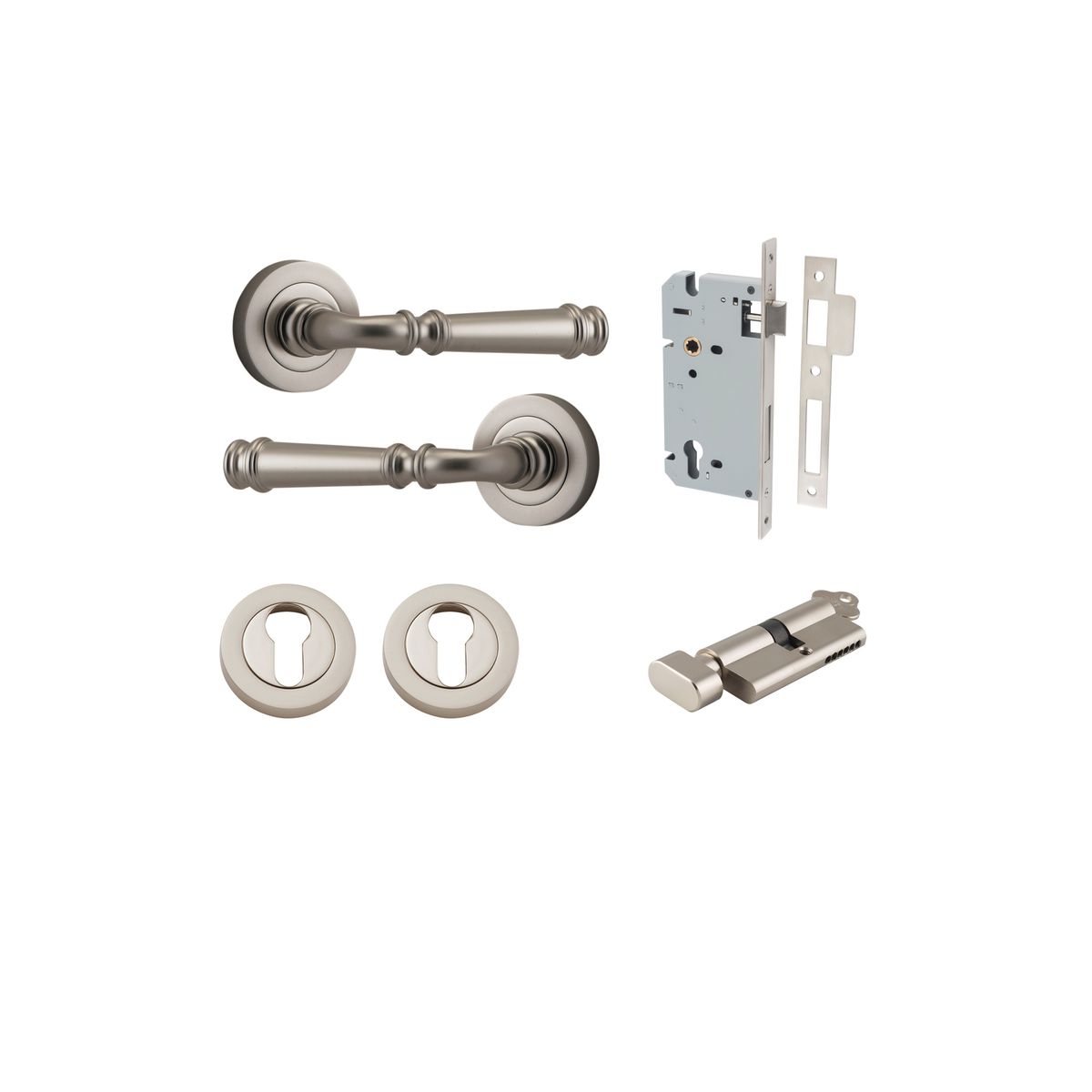 0319KENTR60KT - Verona Lever - Round Rose Entrance Kit with Separate High Security Lock - Satin Nickel - Entrance