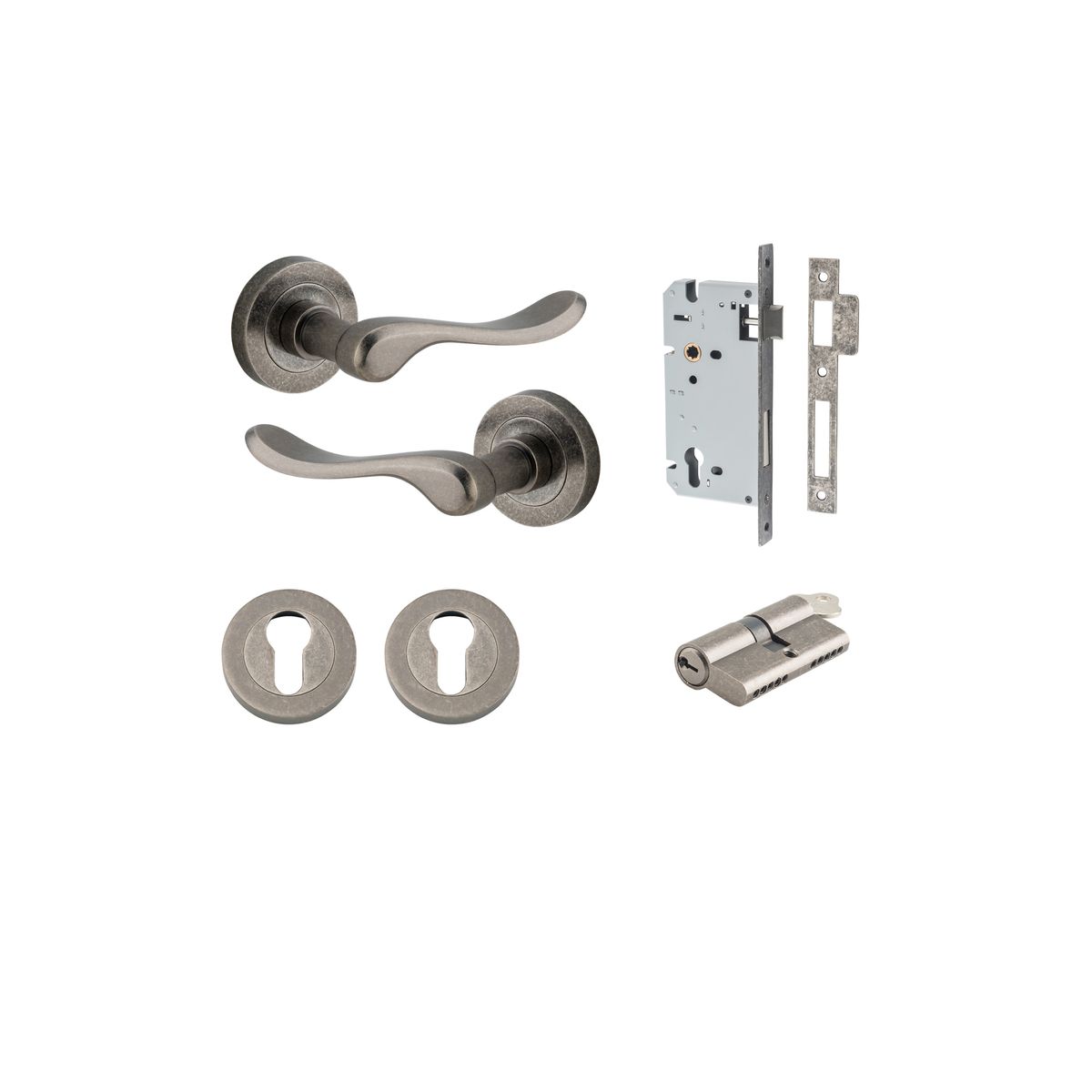 20797KENTR60KK - Stirling Lever - Round Rose Entrance Kit with Separate High Security Lock - Distressed Nickel - Entrance