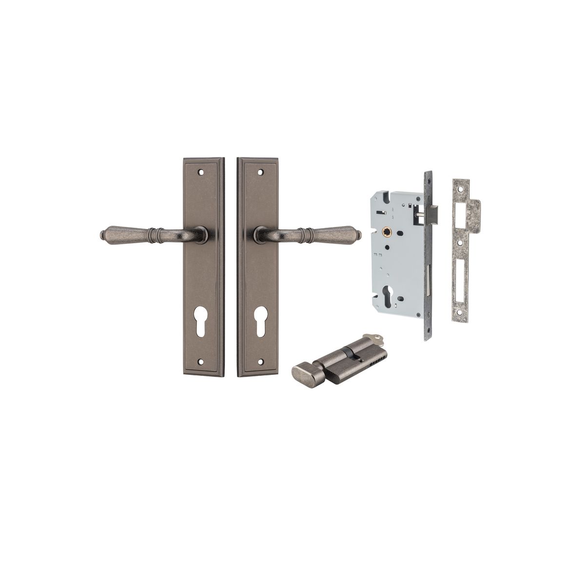 13736KENTR60KT - Sarlat Lever - Stepped Backplate Entrance Kit with High Security Lock - Distressed Nickel - Entrance