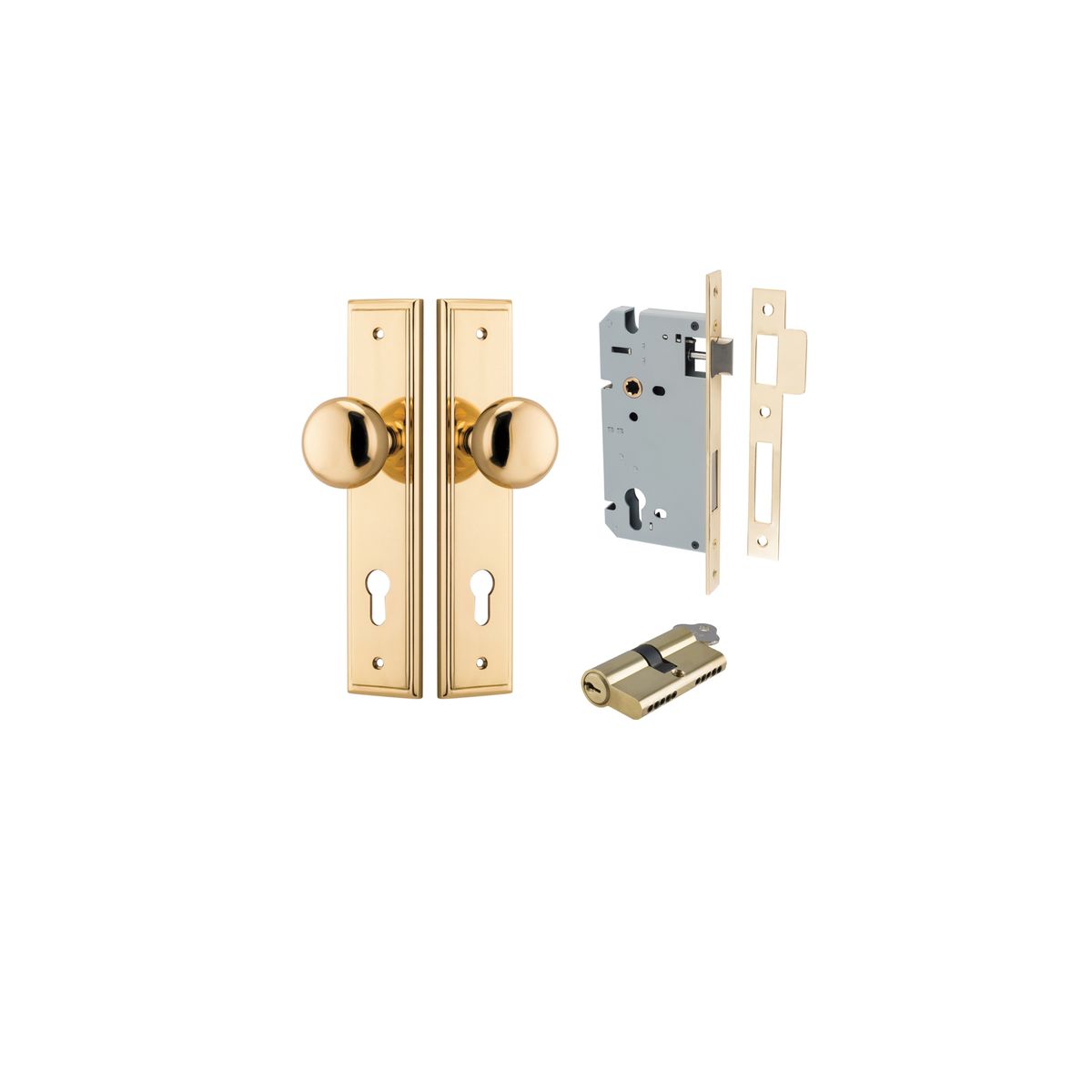 10340KENTR60KK - Cambridge Knob - Stepped Backplate Entrance Kit with High Security Lock - Polished Brass - Entrance