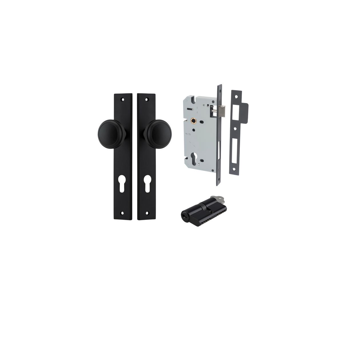 12820KENTR60KK - Paddington Knob - Rectangular Backplate Entrance Kit with High Security Lock - Matt Black - Entrance