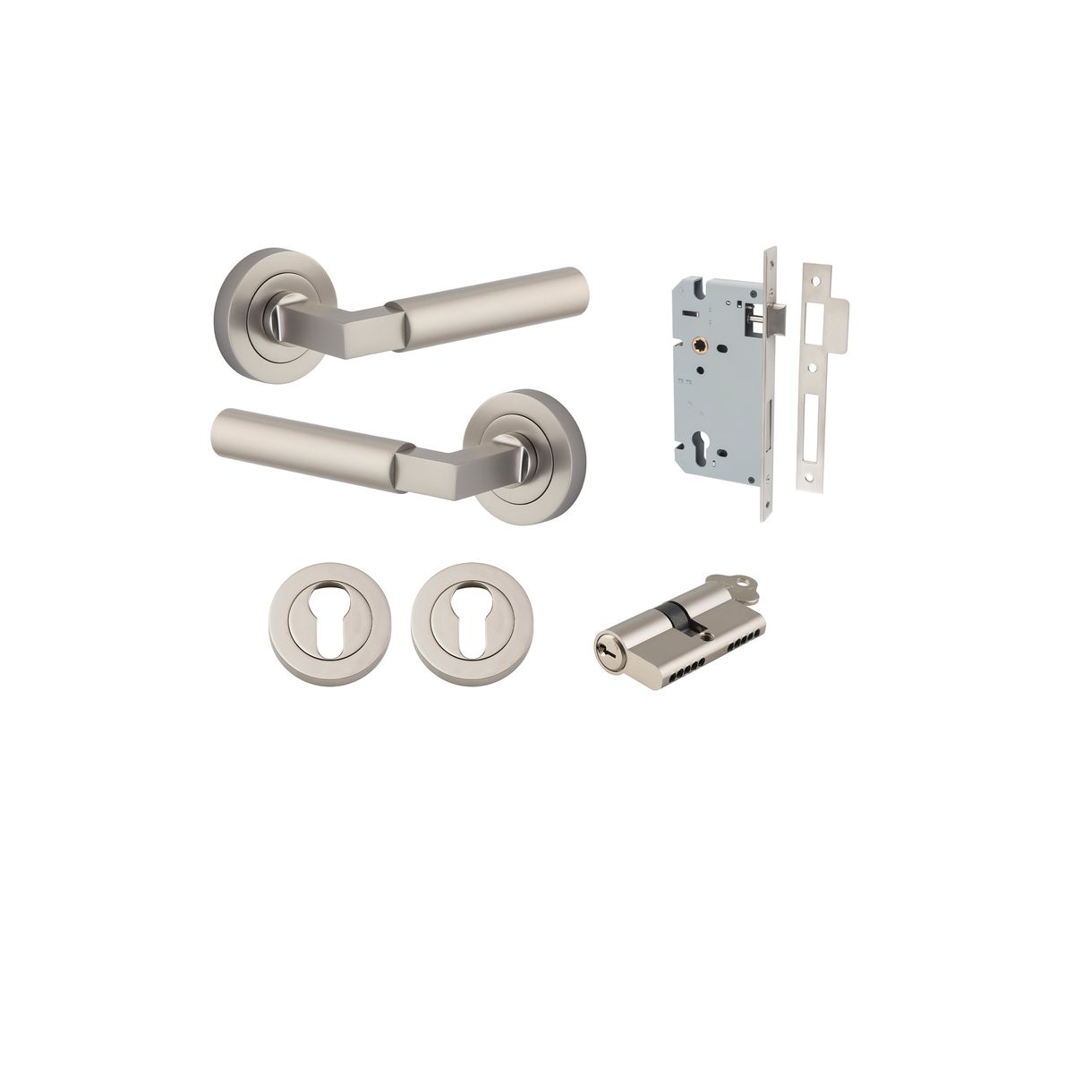 0349KENTR60KK - Berlin Lever - Round Rose Entrance Kit with High Security Lock - Satin Nickel - Entrance