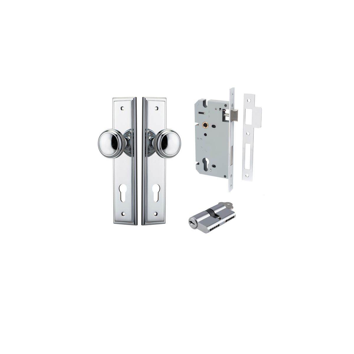 11838KENTR60KK - Paddington Knob - Stepped Backplate Entrance Kit with High Security Lock - Polished Chrome - Entrance
