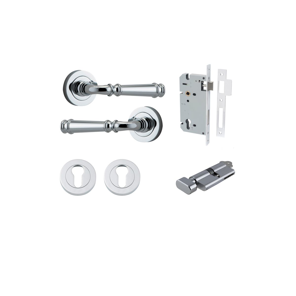 0314KENTR60KT - Verona Lever - Round Rose Entrance Kit with Separate High Security Lock - Polished Chrome - Entrance