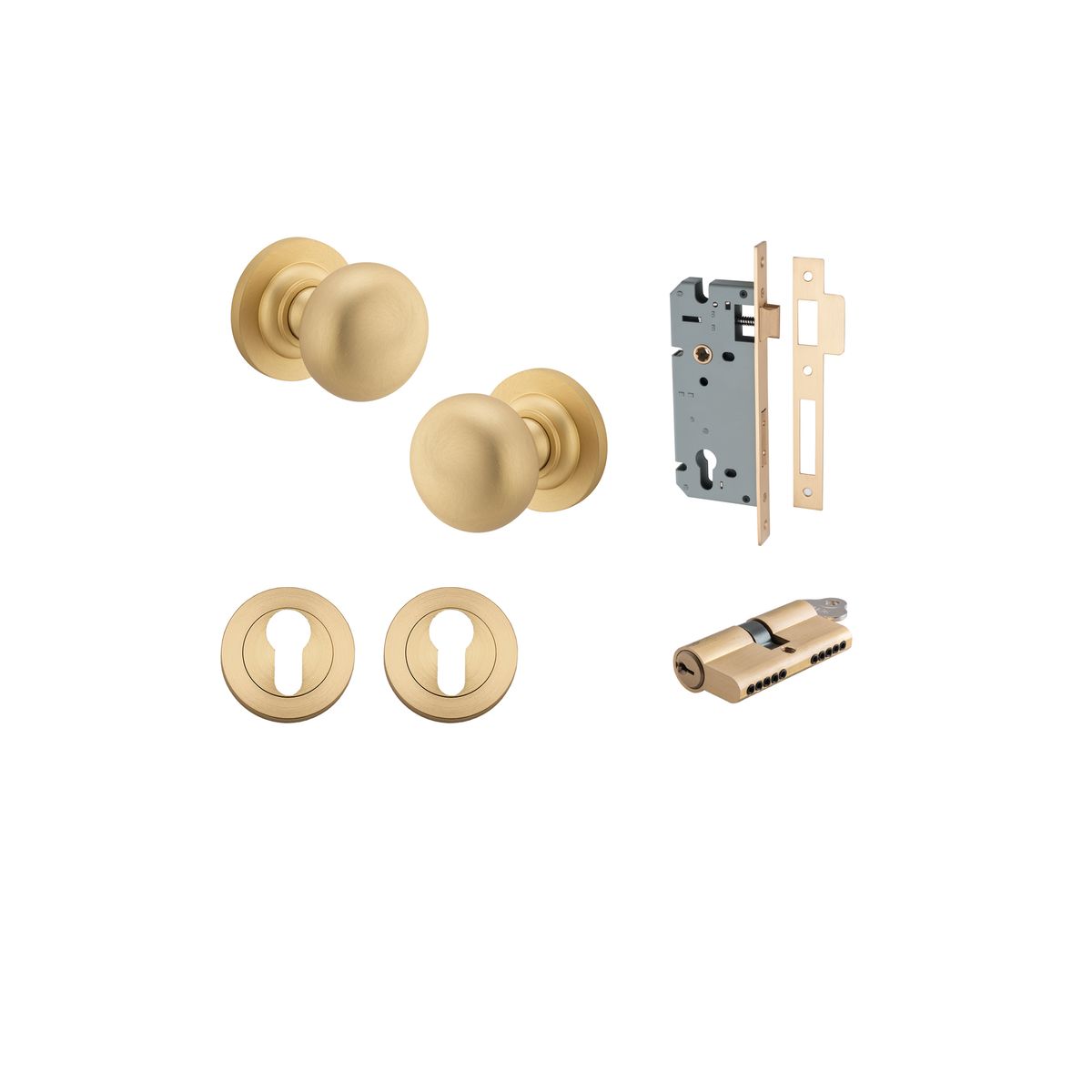 0252KENTR60KK - Cambridge Knob - Round Rose Entrance Kit with Separate High Security Lock - Brushed Brass - Entrance
