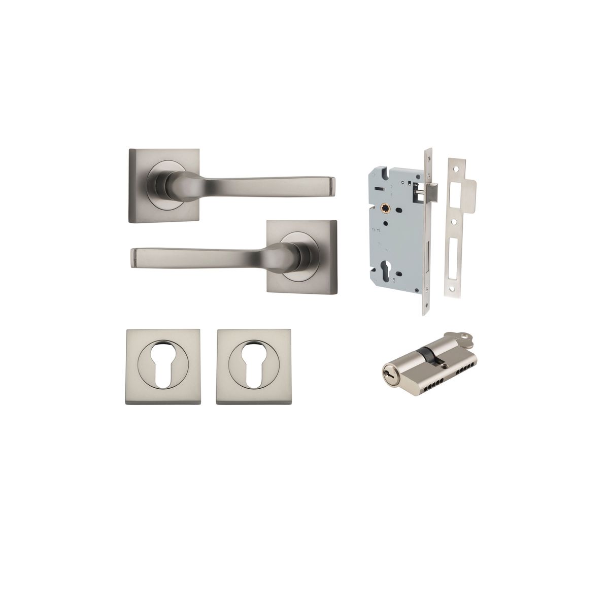 0399KENTR60KK - Annecy Lever - Square Rose Entrance Kit with Separate High Security Lock - Satin Nickel - Entrance