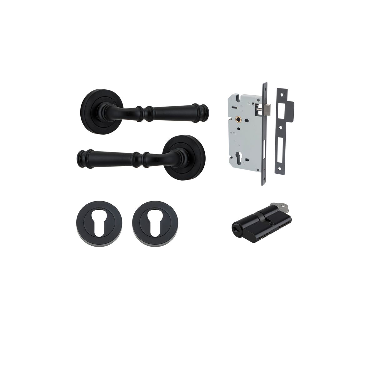 0313KENTR60KK - Verona Lever - Round Rose Entrance Kit with Separate High Security Lock - Matt Black - Entrance