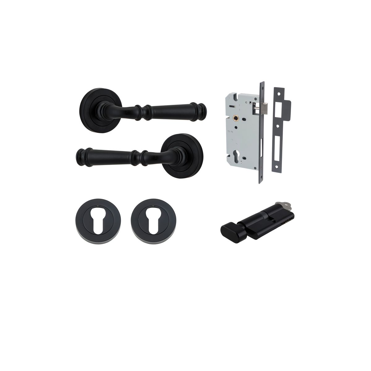 0313KENTR60KT - Verona Lever - Round Rose Entrance Kit with Separate High Security Lock - Matt Black - Entrance
