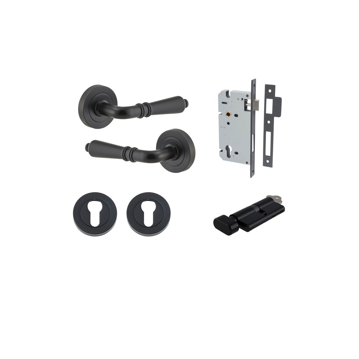 9203KENTR60KT - Sarlat Lever - Round Rose Entrance Kit with Separate High Security Lock - Matt Black - Entrance