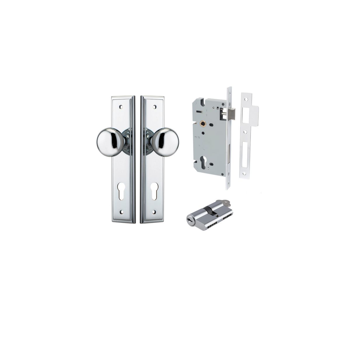 11840KENTR60KK - Cambridge Knob - Stepped Backplate Entrance Kit with High Security Lock - Polished Chrome - Entrance