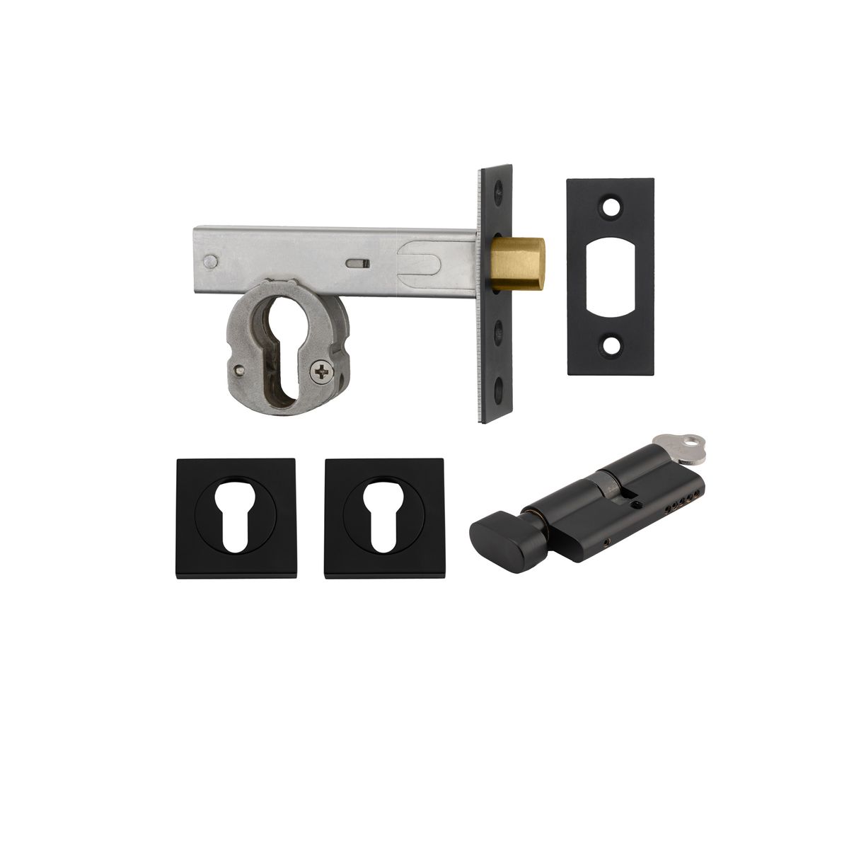 22552K70KTES - Euro Mortice Deadbolt Kit - 70mm Backset with Square Euro Escutcheon Key/Thumb - Matt Black - Entrance