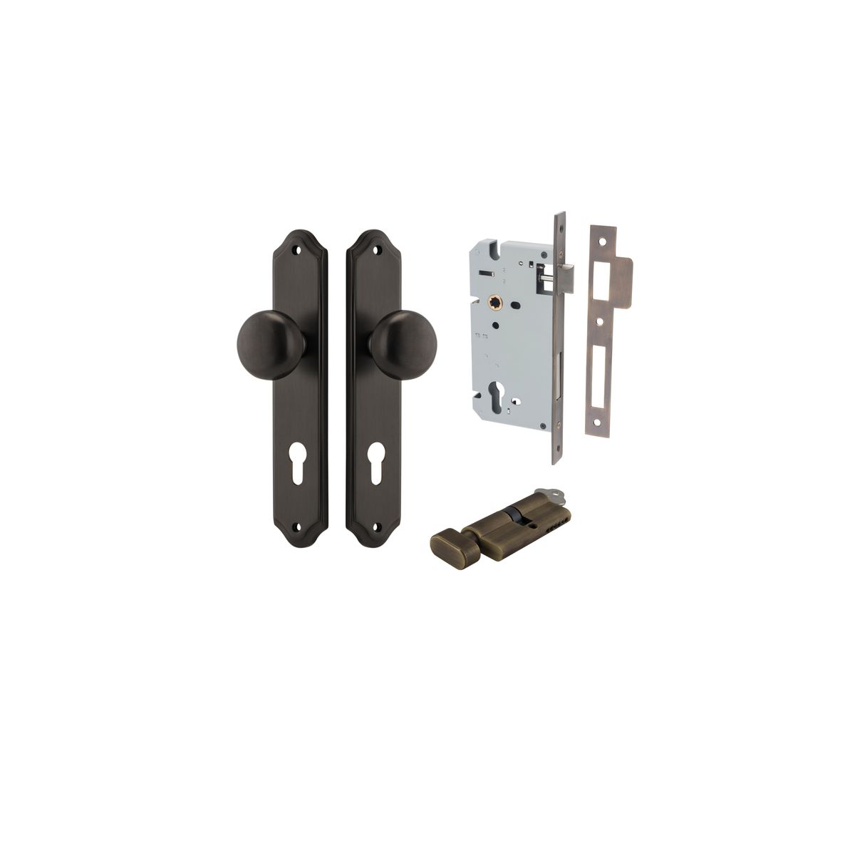 10828KENTR60KT - Cambridge Knob - Shouldered Backplate Entrance Kit with High Security Lock - Signature Brass - Entrance