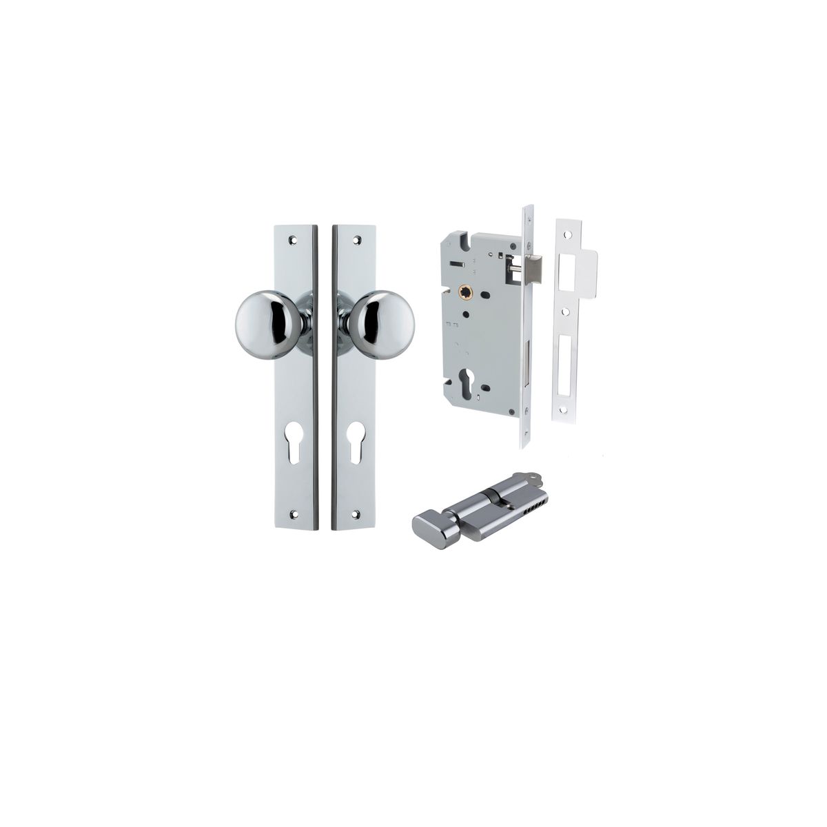 11822KENTR60KT - Cambridge Knob - Rectangular Backplate Entrance Kit with High Security Lock - Polished Chrome - Entrance