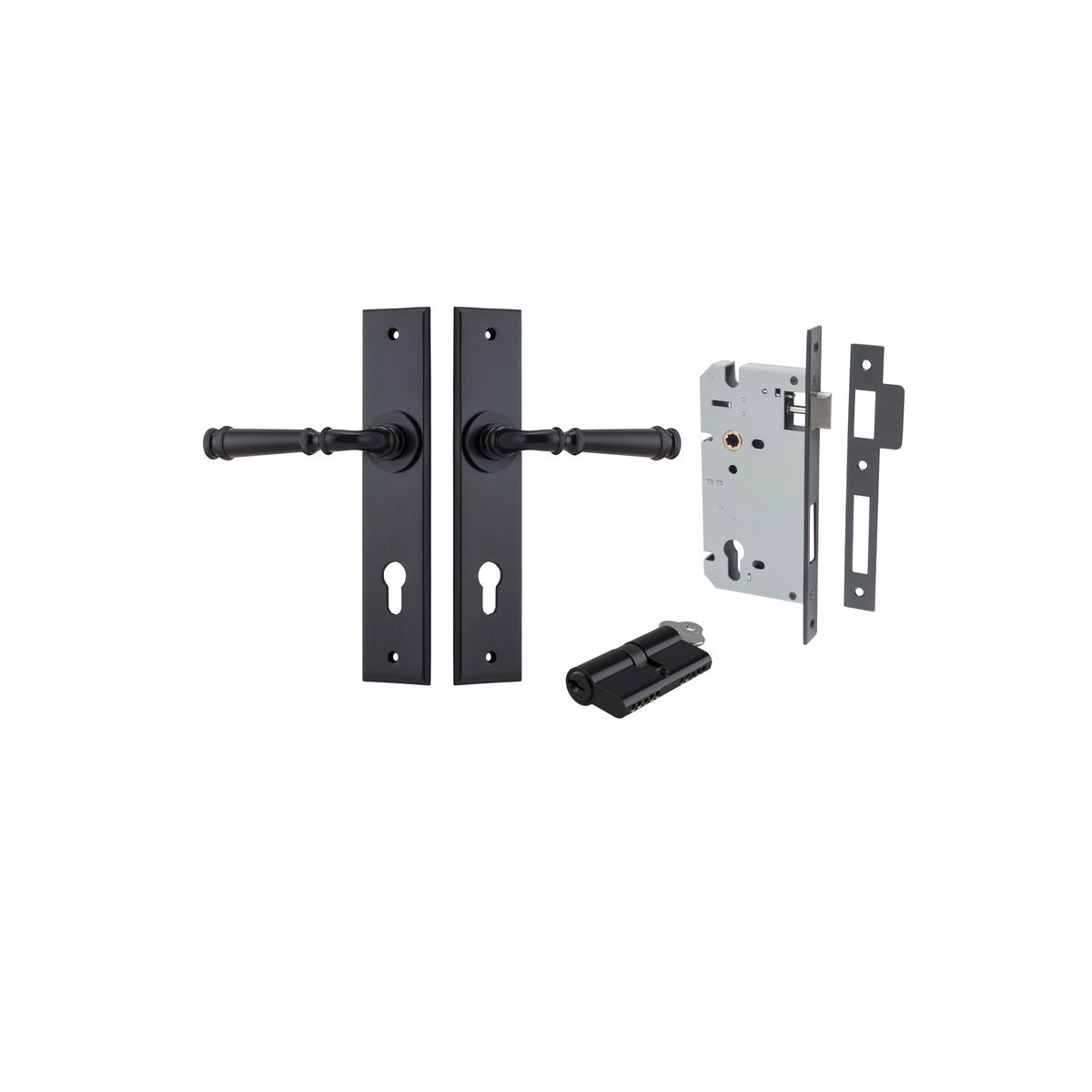 12786KENTR60KK - Verona Lever - Chamfered Backplate Entrance Kit with High Security Lock - Matt Black - Entrance