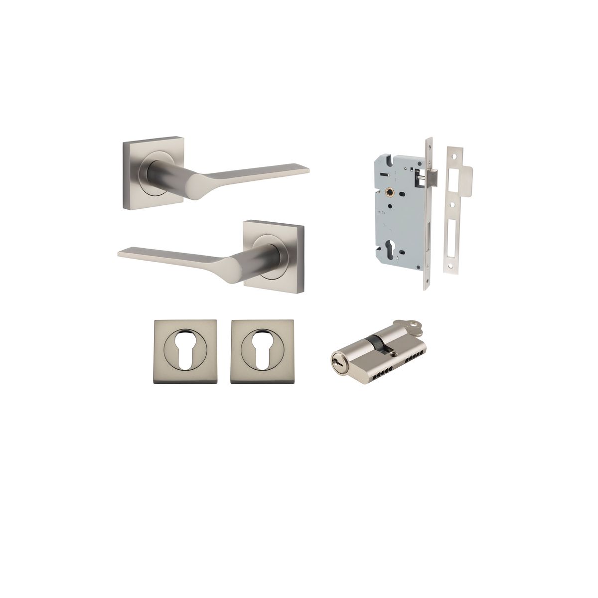 0439KENTR60KK - Como Lever - Square Rose Entrance Kit with High Security Lock - Satin Nickel - Entrance