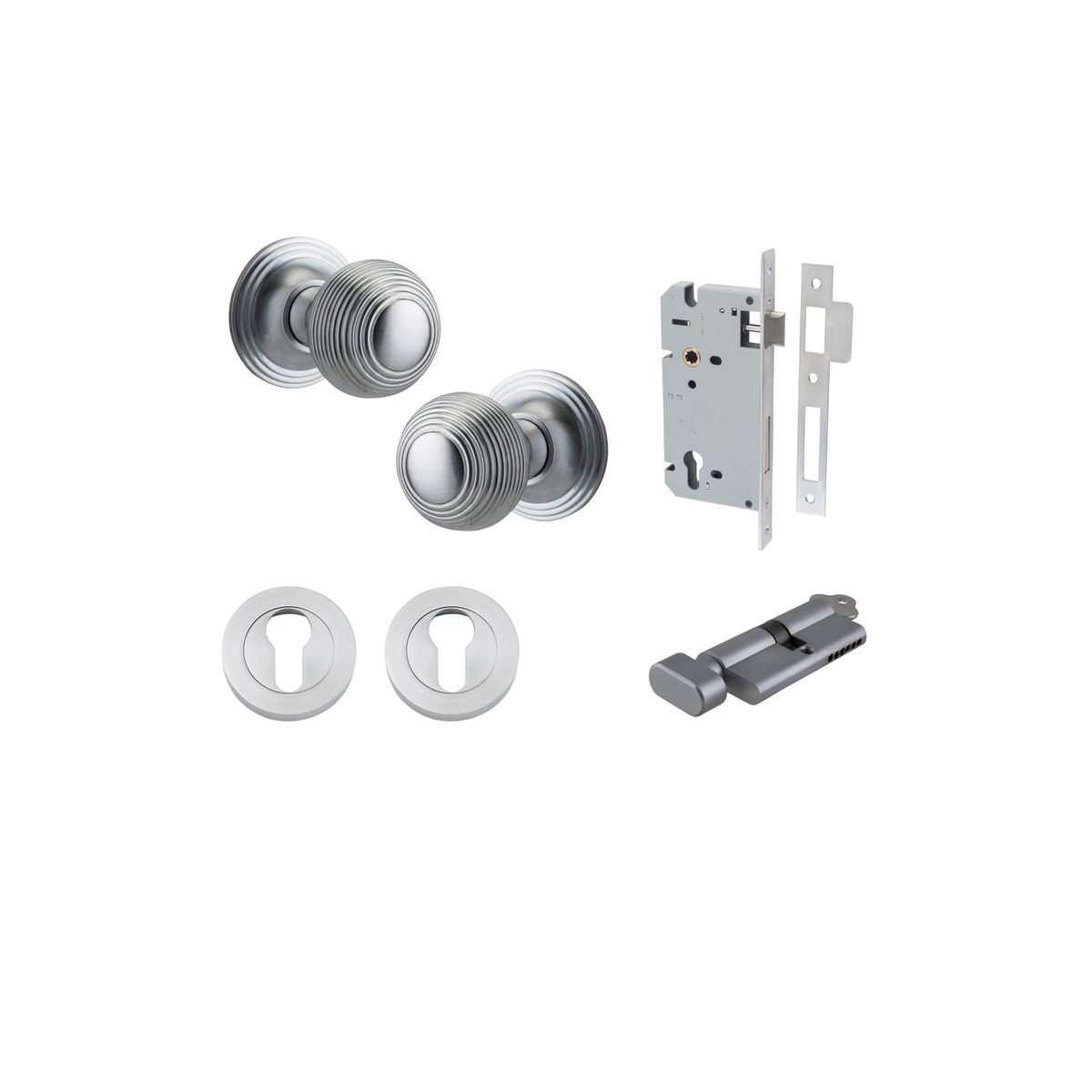 0225KENTR60KT - Guildford Knob - Round Rose Entrance Kit with Separate High Security Lock - Brushed Chrome - Entrance