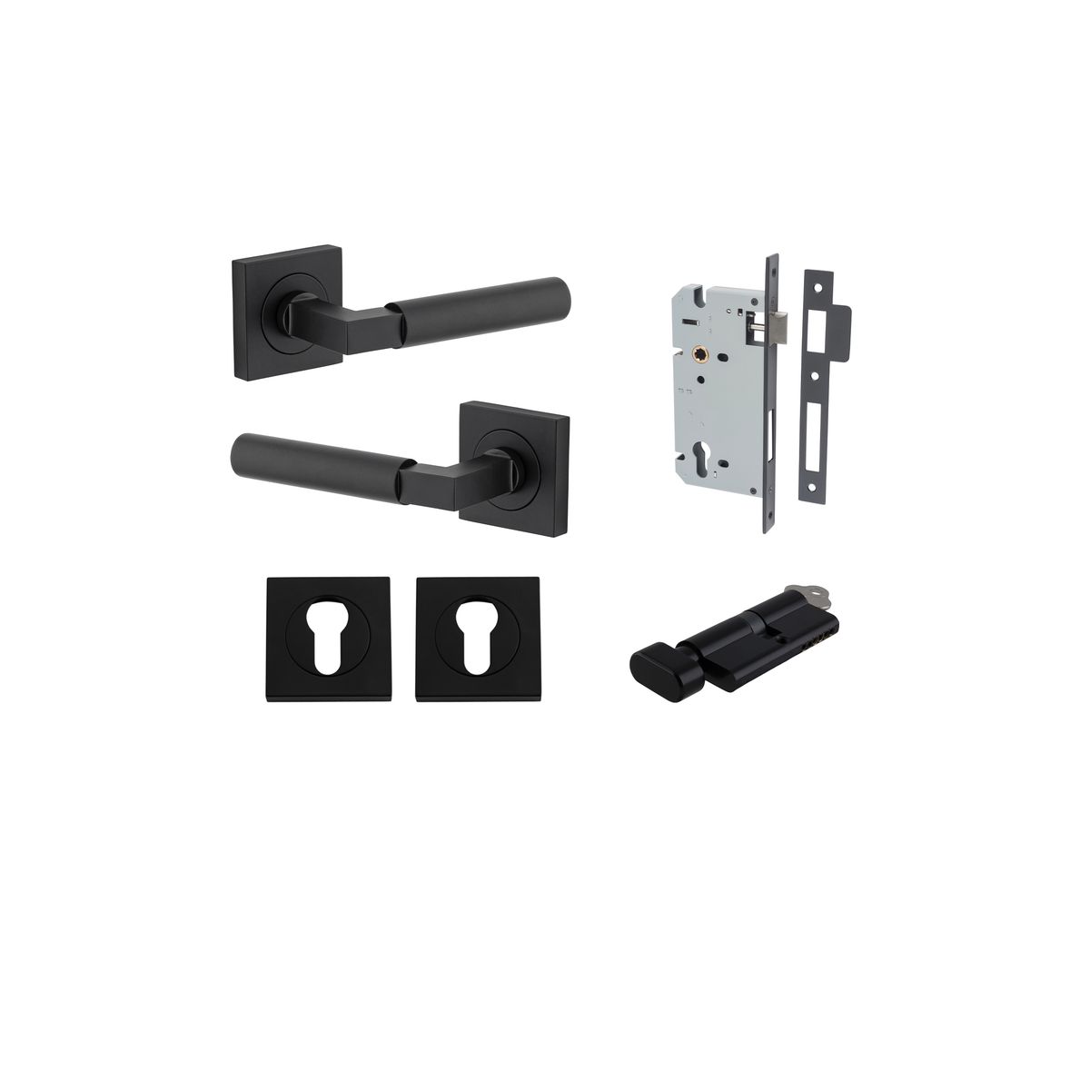 0413KENTR60KT - Berlin Lever - Square Rose Entrance Kit with High Security Lock - Matt Black - Entrance