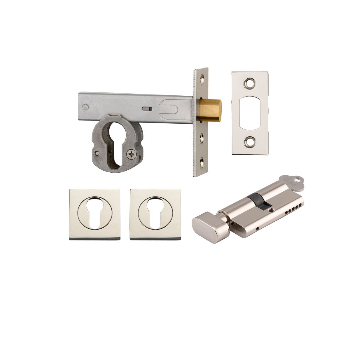 22158K60KTES - Euro Mortice Deadbolt Kit - 60mm Backset with Square Euro Escutcheon Key/Thumb - Polished Nickel - Entrance