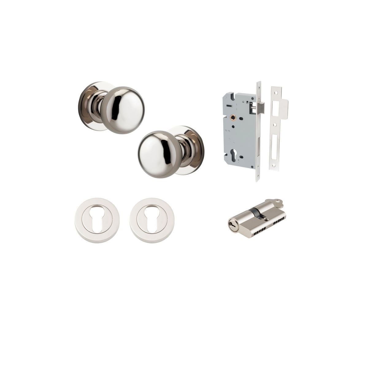 0208KENTR60KK - Cambridge Knob - Round Rose Entrance Kit with Separate High Security Lock - Polished Nickel - Entrance