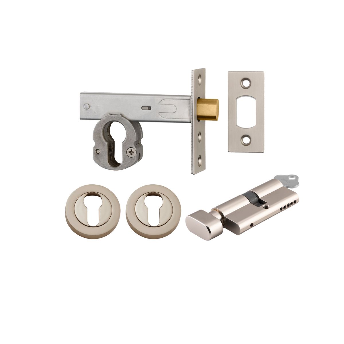 22157K60KTER - Euro Mortice Deadbolt Kit - 60mm Backset with Round Euro Escutcheon Key/Thumb - Satin Nickel - Entrance