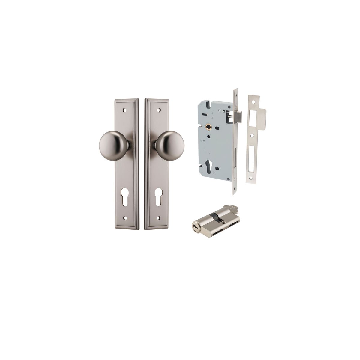 14840KENTR60KK - Cambridge Knob - Stepped Backplate Entrance Kit with High Security Lock - Satin Nickel - Entrance