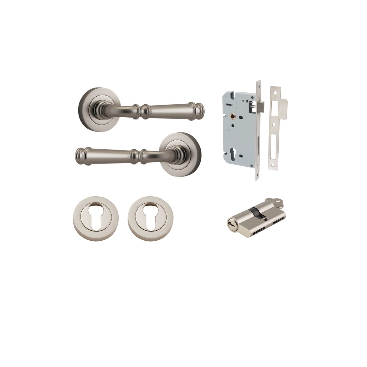 0319KENTR60KK - Verona Lever - Round Rose Entrance Kit with Separate High Security Lock - Satin Nickel - Entrance