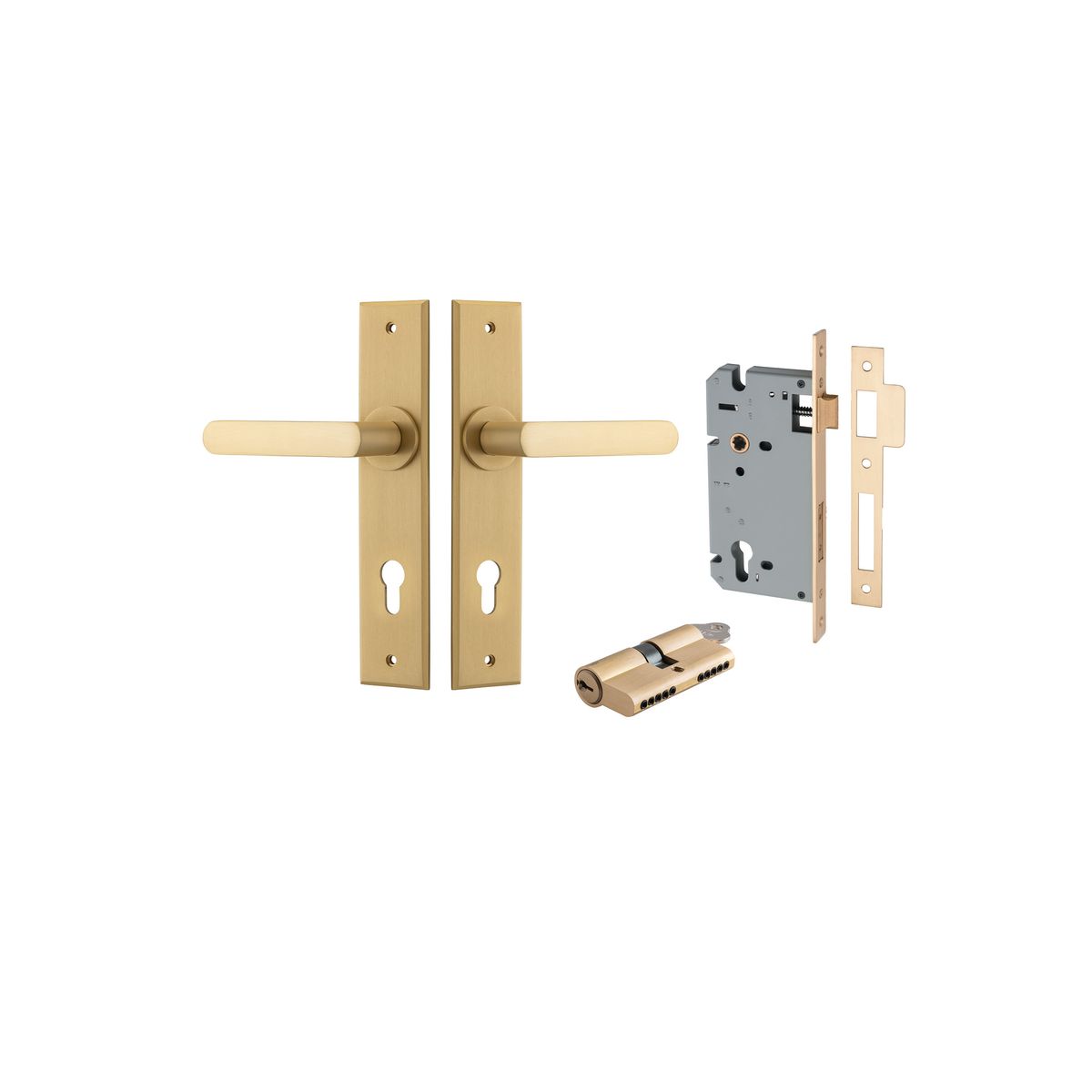 15368KENTR60KK - Osaka Lever - Chamfered Backplate Entrance Kit with High Security Lock - Brushed Brass - Entrance