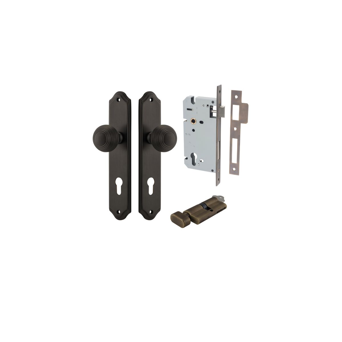 10830KENTR60KT - Guildford Knob - Shouldered Backplate Entrance Kit with High Security Lock - Signature Brass - Entrance