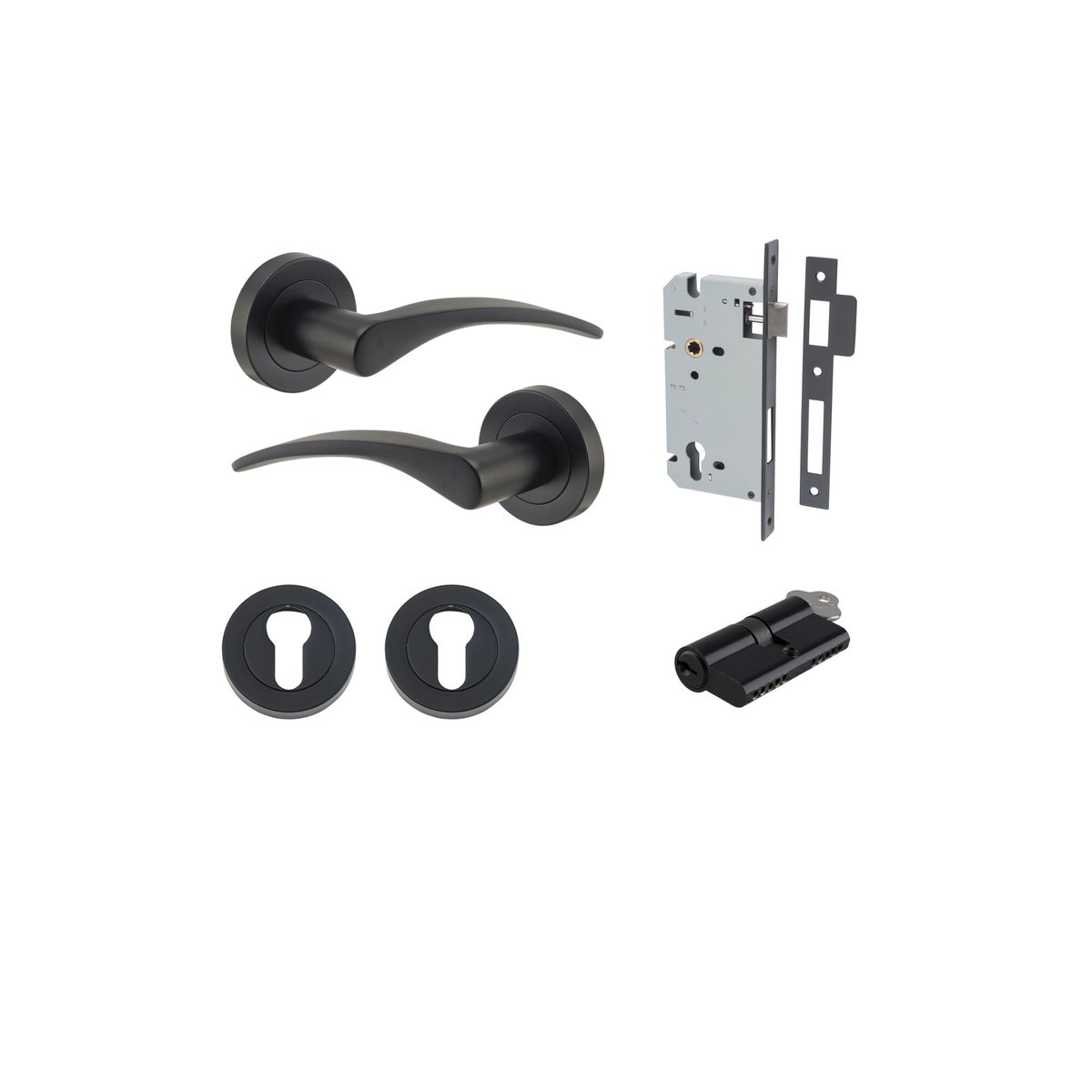 9223KENTR60KK - Oxford Lever - Round Rose Entrance Kit with Separate High Security Lock - Matt Black - Entrance