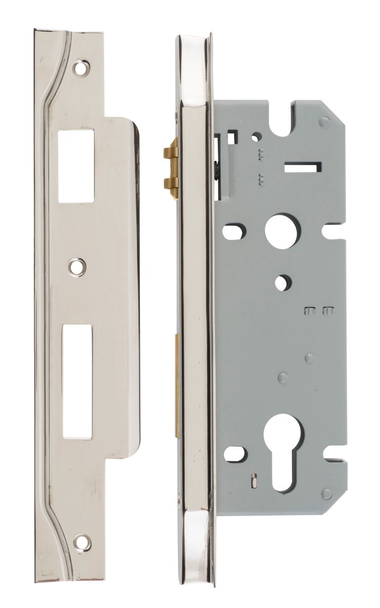 6096 - Rebated 85mm Euro Roller Mortice Locks - 45mm Backset - Polished Nickel