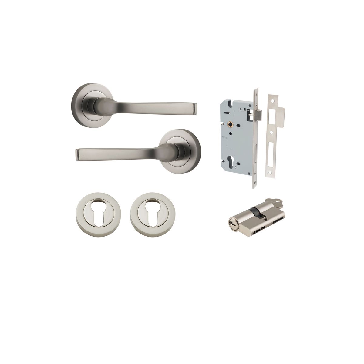 0329KENTR60KK - Annecy Lever - Round Rose Entrance Kit with Separate High Security Lock - Satin Nickel - Entrance