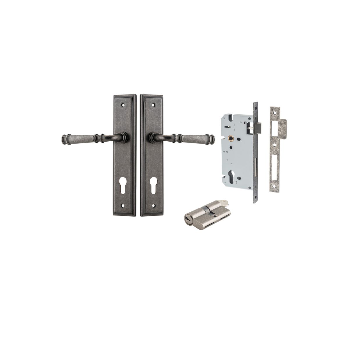 13742KENTR60KK - Verona Lever - Stepped Backplate Entrance Kit with High Security Lock - Distressed Nickel - Entrance