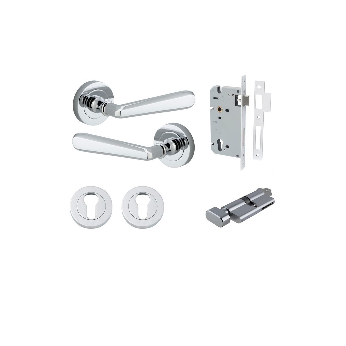 20804KENTR60KT - Copenhagen Lever - Round Rose Entrance Kit with Separate High Security Lock - Polished Chrome - Entrance