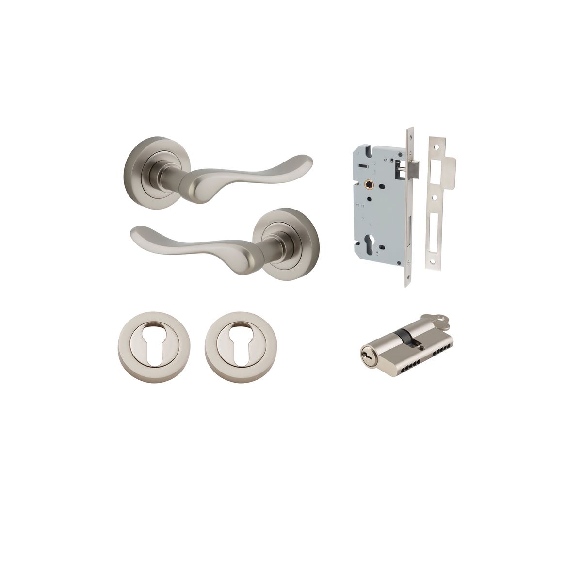 20799KENTR60KK - Stirling Lever - Round Rose Entrance Kit with Separate High Security Lock - Satin Nickel - Entrance