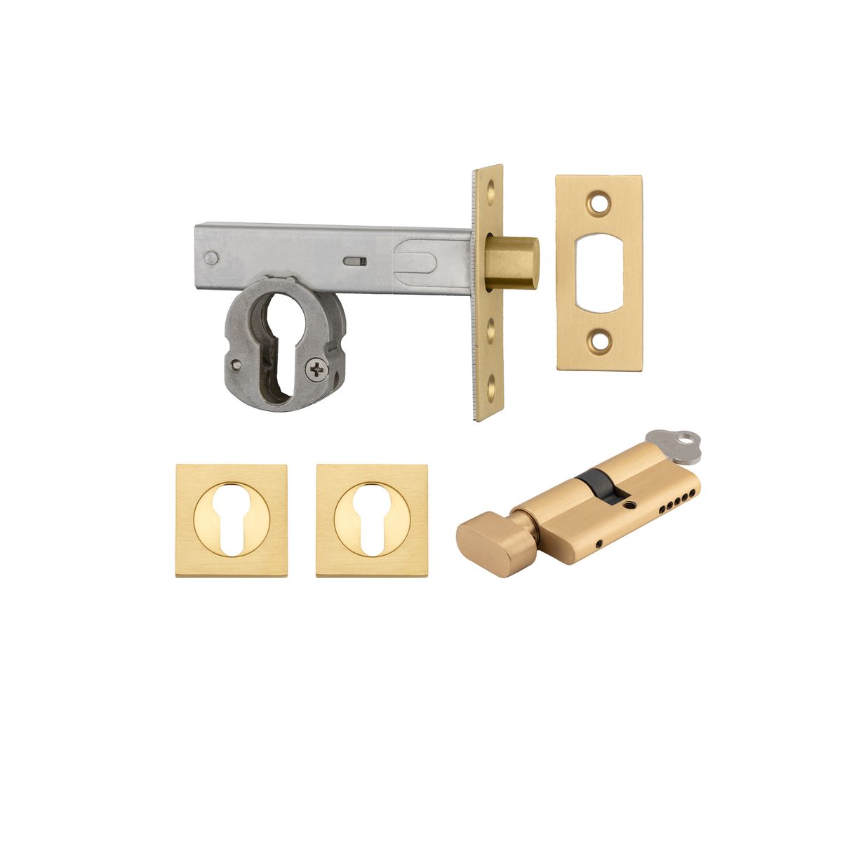 22555K70KTES - Euro Mortice Deadbolt Kit - 70mm Backset with Square Euro Escutcheon Key/Thumb - Brushed Brass - Entrance