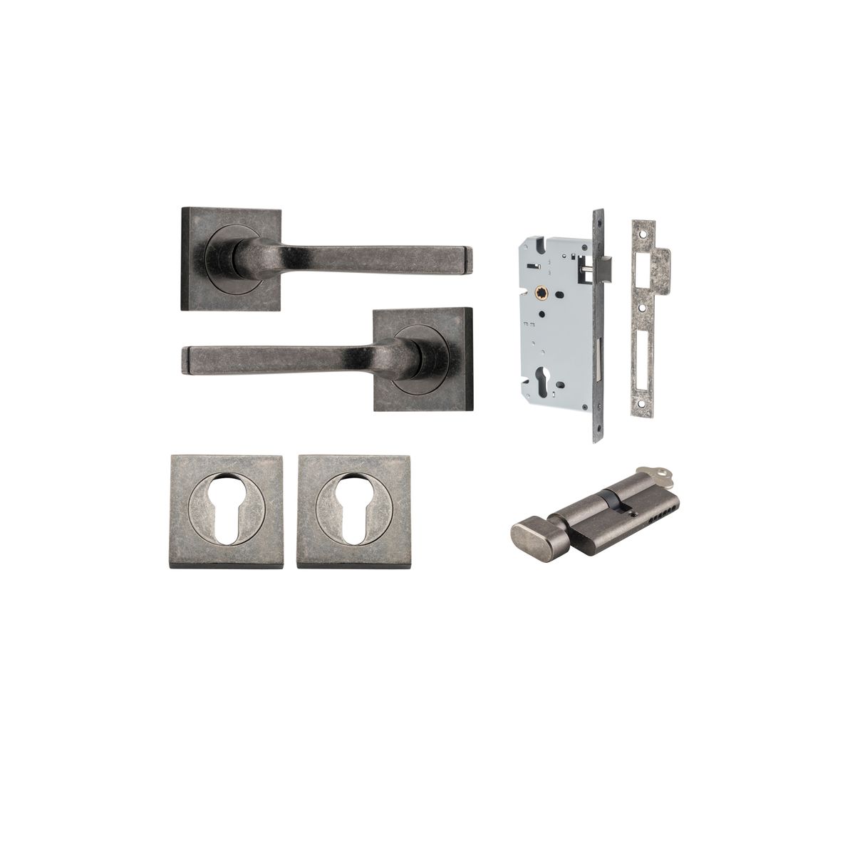0397KENTR60KT - Annecy Lever - Square Rose Entrance Kit with Separate High Security Lock - Distressed Nickel - Entrance