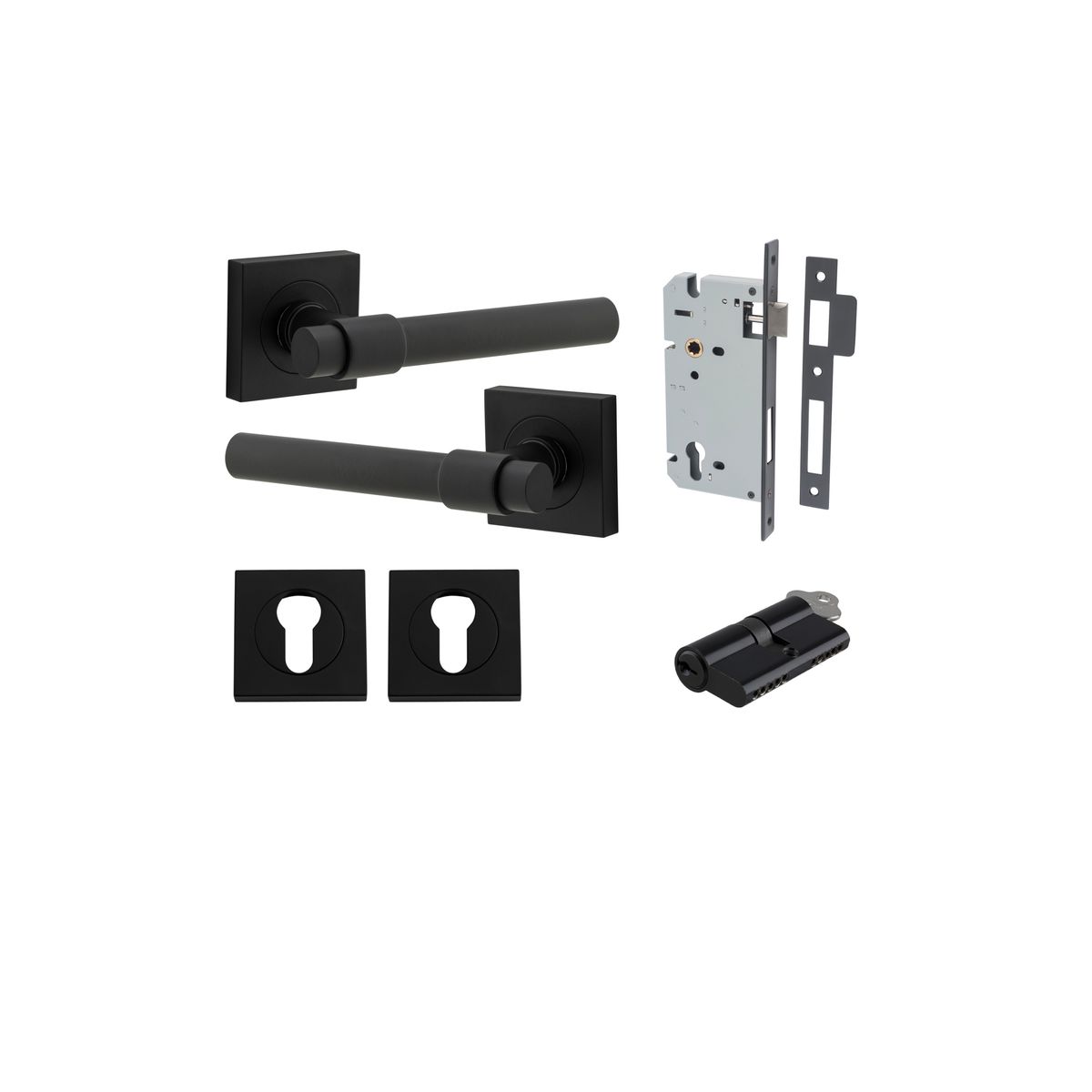 21203KENTR60KK - Helsinki Lever - Square Rose Entrance Kit with Separate High Security Lock - Matt Black - Entrance