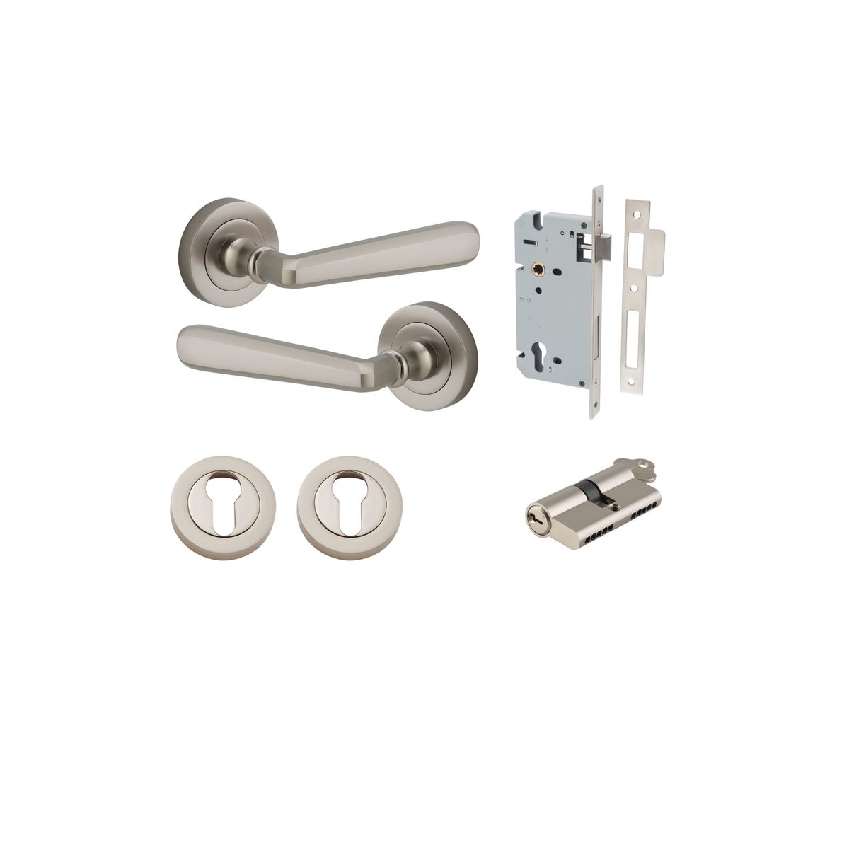 20809KENTR60KK - Copenhagen Lever - Round Rose Entrance Kit with Separate High Security Lock - Satin Nickel - Entrance