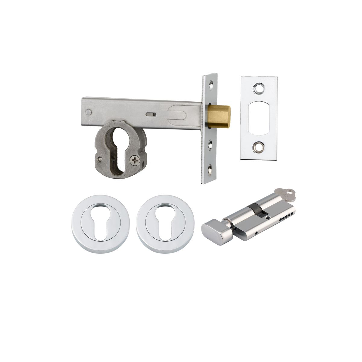 22554K70KTER - Euro Mortice Deadbolt Kit - 70mm Backset with Round Euro Escutcheon Key/Thumb - Polished Chrome - Entrance