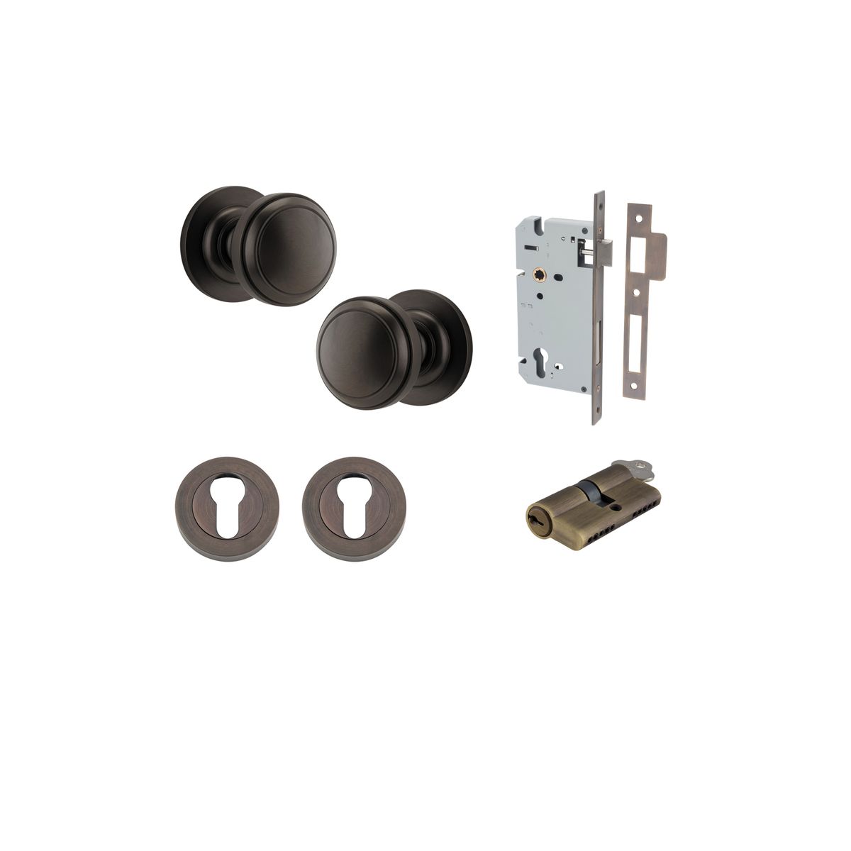 0211KENTR60KK - Paddington Knob - Round Rose Entrance Kit with Separate High Security Lock - Signature Brass - Entrance