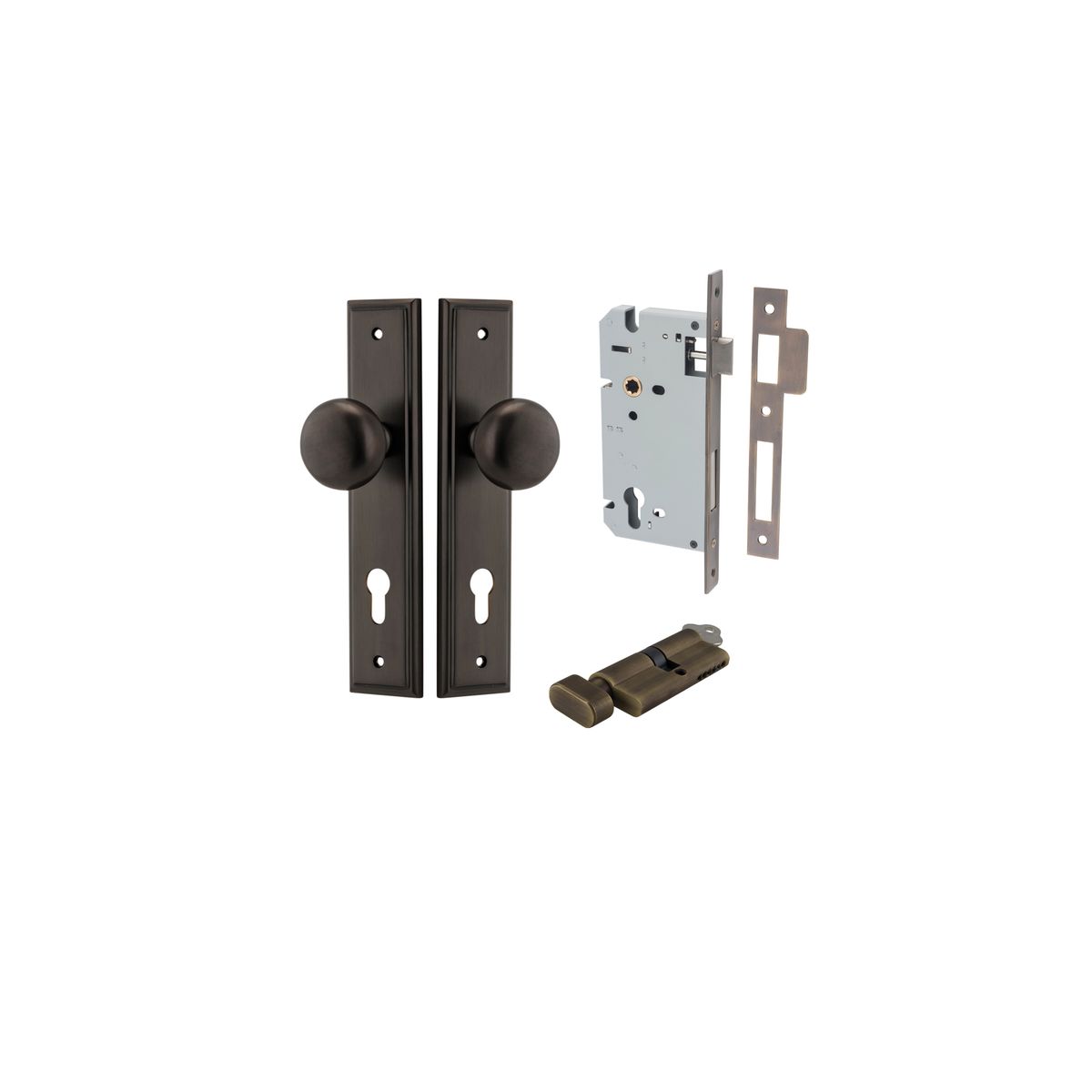 10840KENTR60KT - Cambridge Knob - Stepped Backplate Entrance Kit with High Security Lock - Signature Brass - Entrance