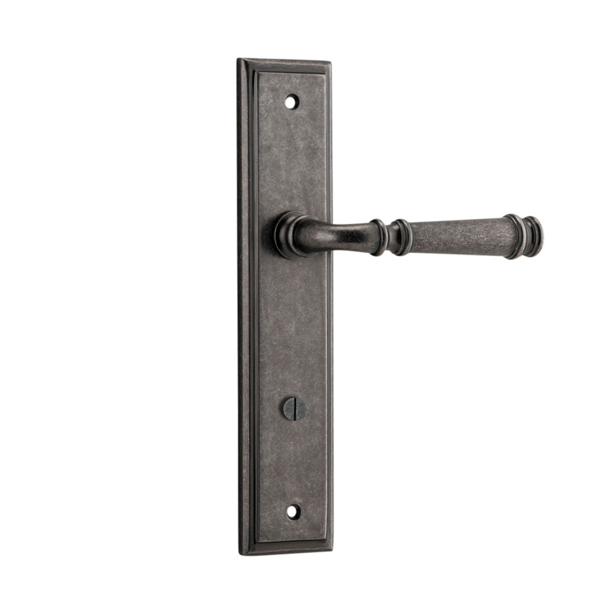 13742P85 - Verona Lever - Stepped Backplate - Distressed Nickel - Privacy